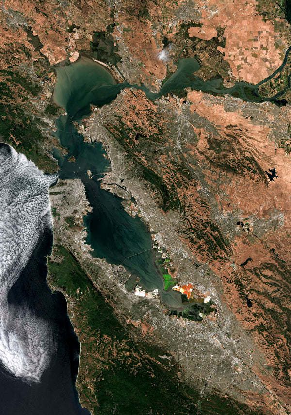 Satellietfoto van San Francisco & Bay Area met Zeemist, Verenigde Staten
