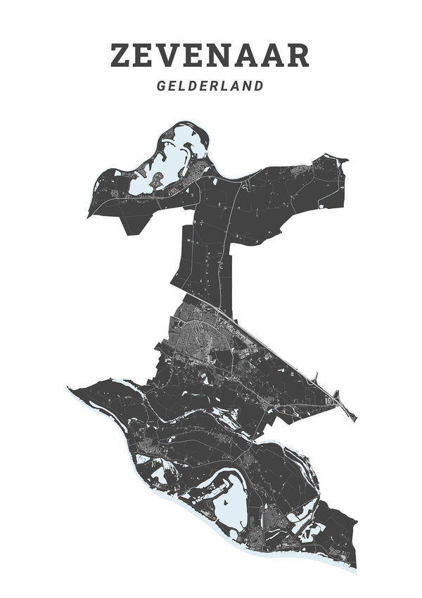 Kaart van de gemeente Zevenaar op poster, dibond, acrylglas en meer