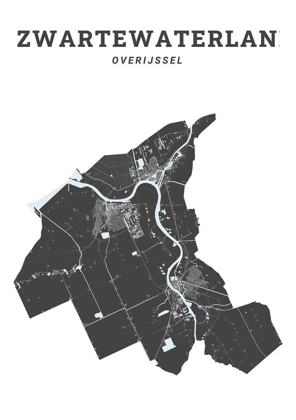 Kaart van de gemeente Zwartewaterland op poster, dibond, acrylglas en meer